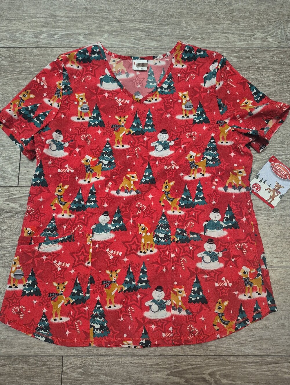Rudolph the Red Nosed Reindeer  Christmas Holiday Festive Print Scrub Shirt Top